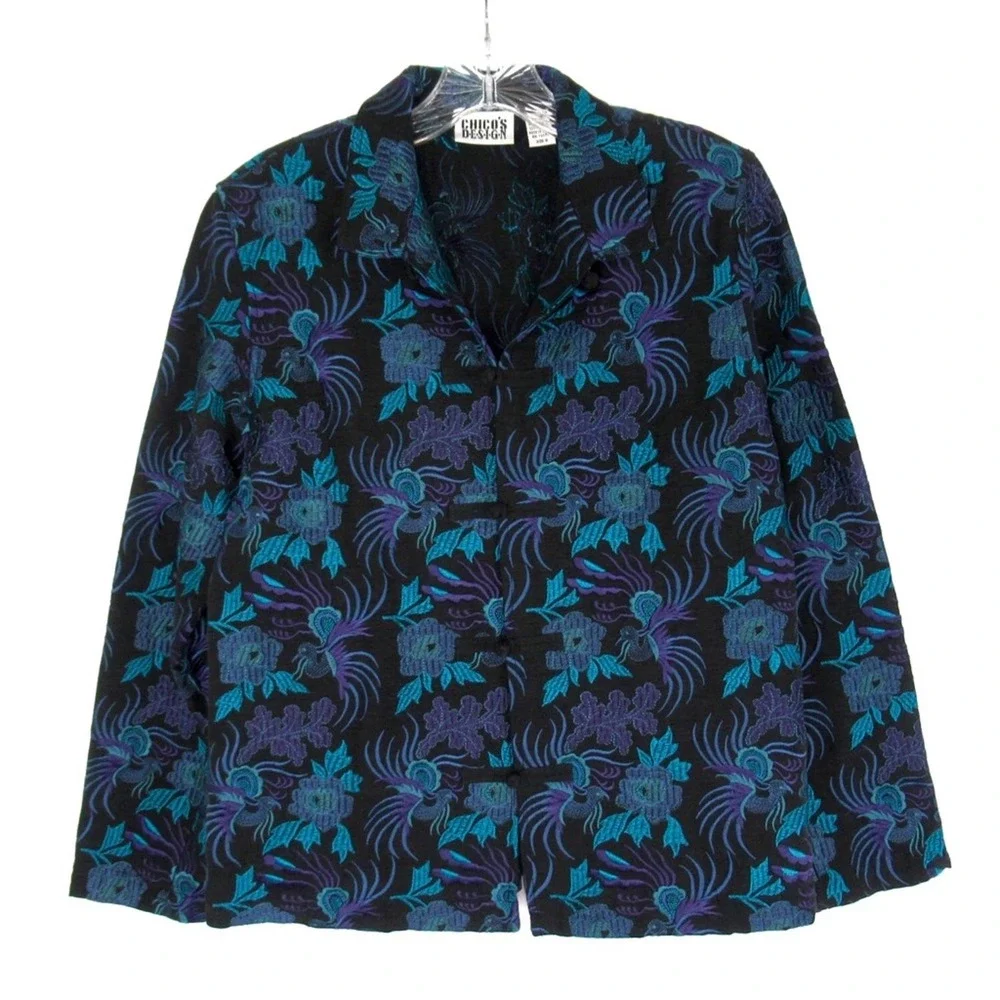 CHICO’S Japanese Asian Inspired Embroidered Silk Linen Blend Toggle Front Jacket